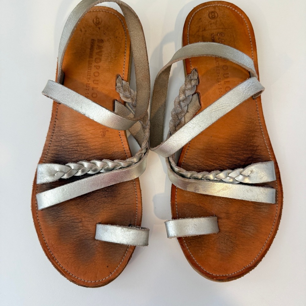 Savopoulos Greek Leather Sandals Womens 8 Silver Braided Strappy Flat Toe Loop